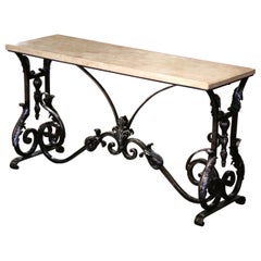 Antique Early 20th Century French Marble Top Polished Wrought Iron Console Table