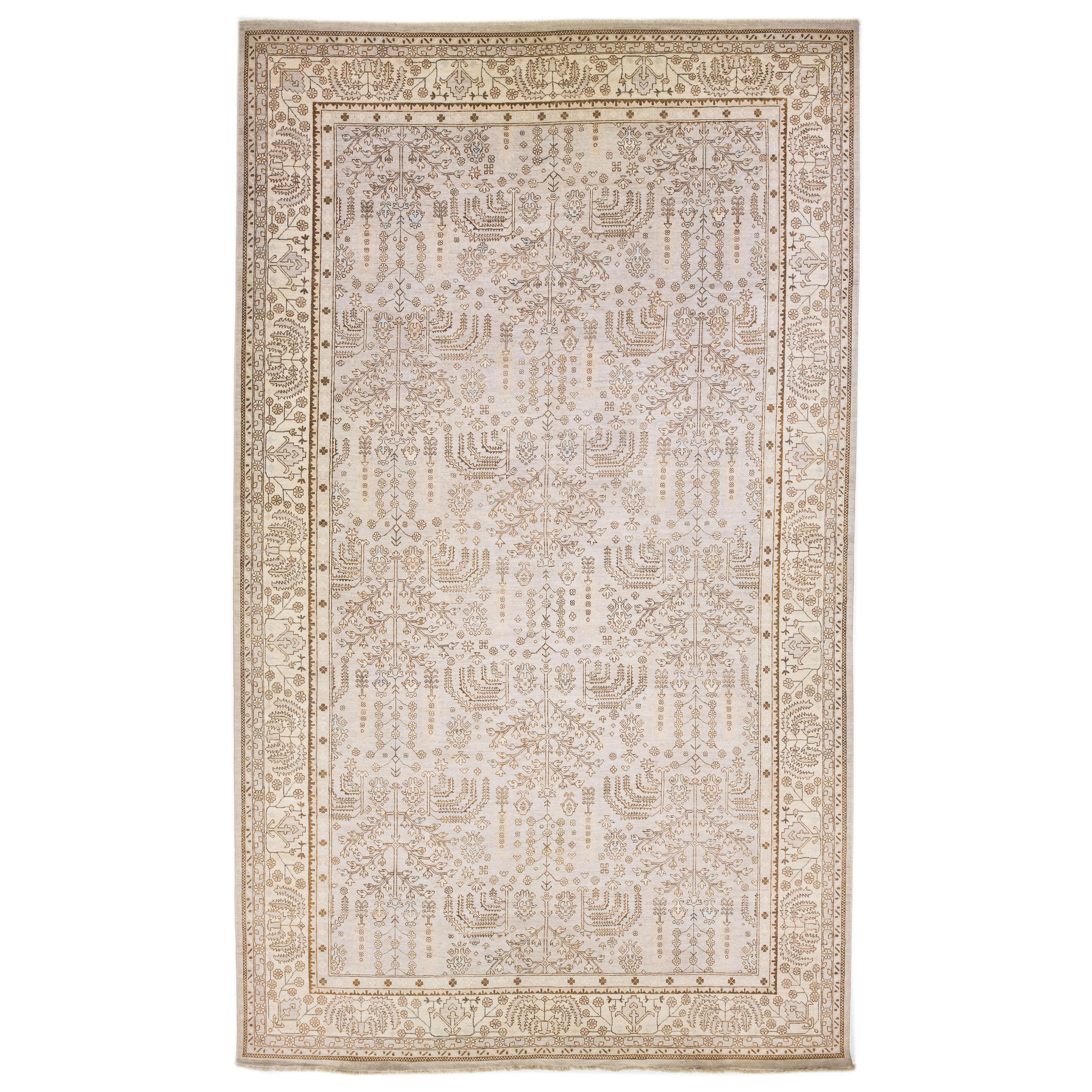 Modern Ovesize Oushak Wool Rug Handmade with Beige Floral Field For Sale