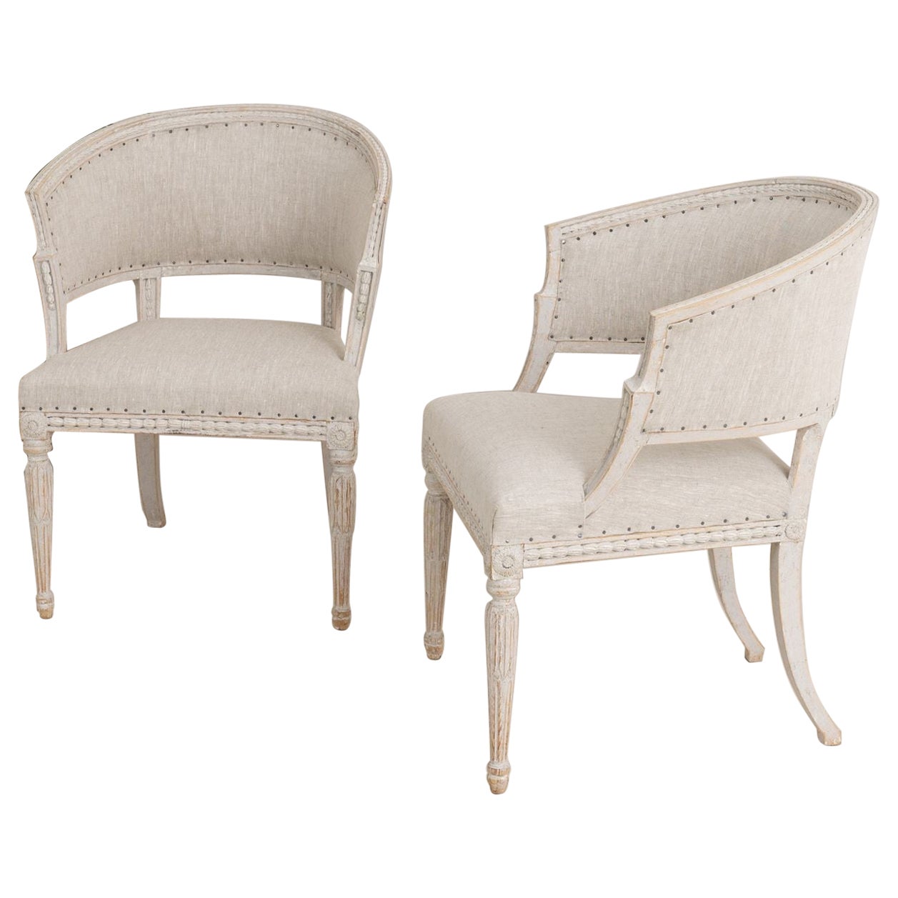 Pair of Swedish Gustavian Style Painted Barrel Back Armchairs For Sale