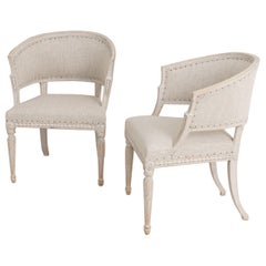 Pair of Swedish Gustavian Style Painted Barrel Back Armchairs