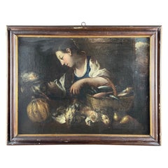 Antique 17th Century Italian Still Life with Game Vegetables Fish and Cookmaid Figure 