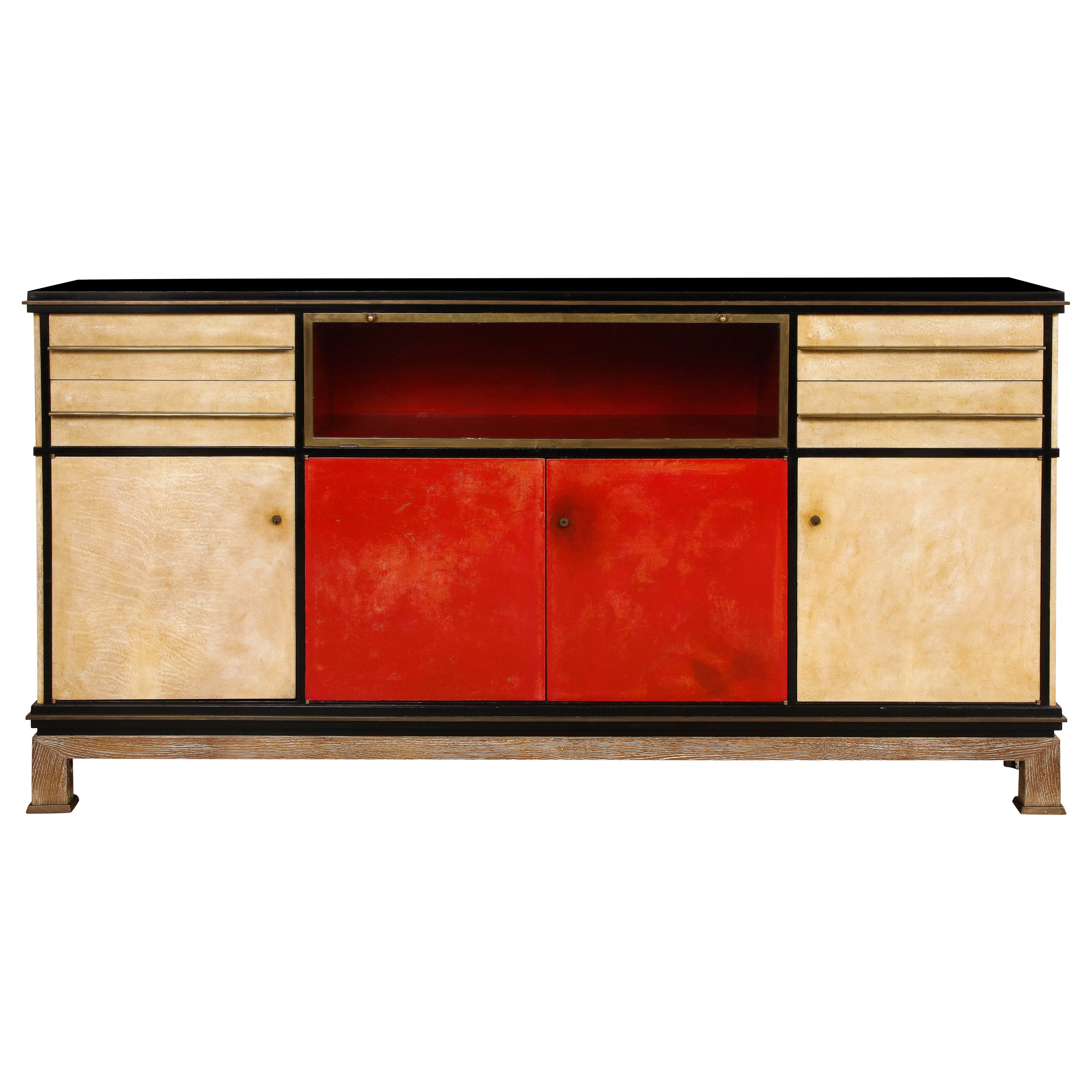 Important and Rare Red Goatskin with Ebonized Wood Credenza by Paul Dupré-Lafon For Sale