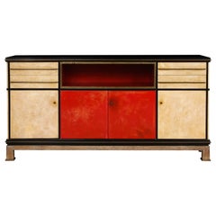 Important and Rare Red Goatskin with Ebonized Wood Credenza by Paul Dupré-Lafon