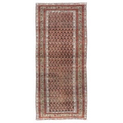 Antique Kurdish Gallery Runner with All-Over Paisley Design in Brown, Red, Green