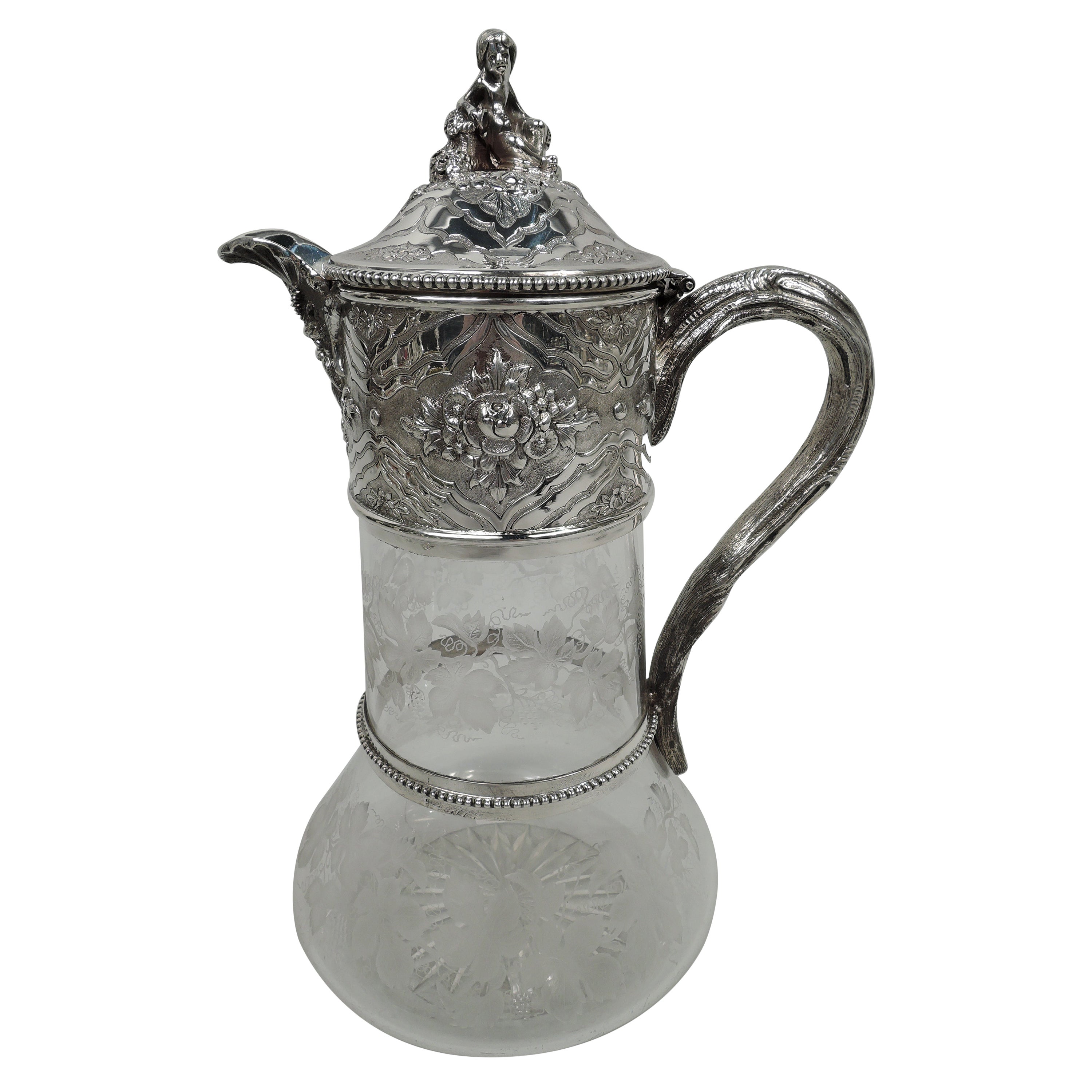 Carafe victorienne anglaise d'antiquités en verre et argent sterling 