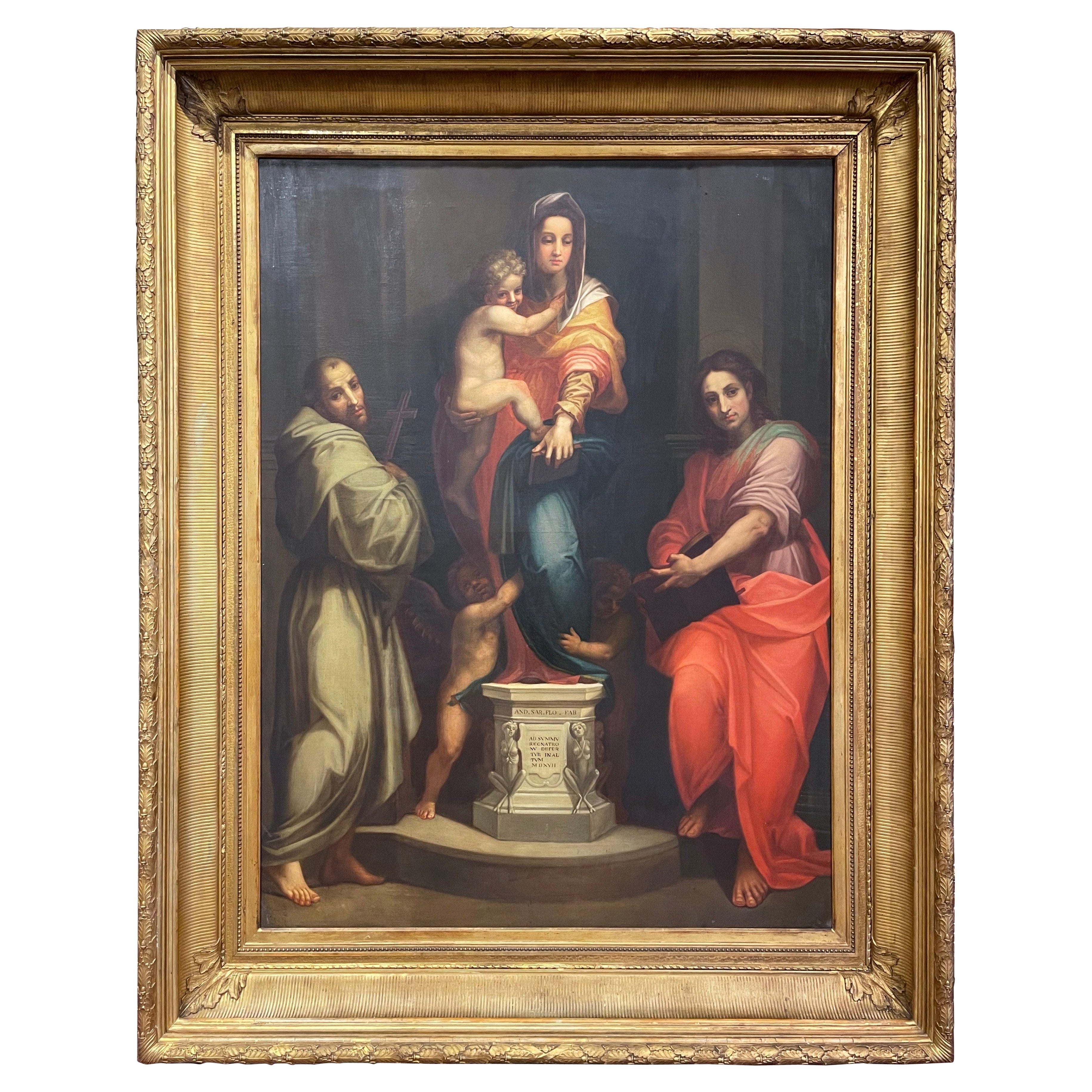 19th Century Italian Oil Painting "Madonna of the Harpies" Aft Andrea Del Sarto For Sale