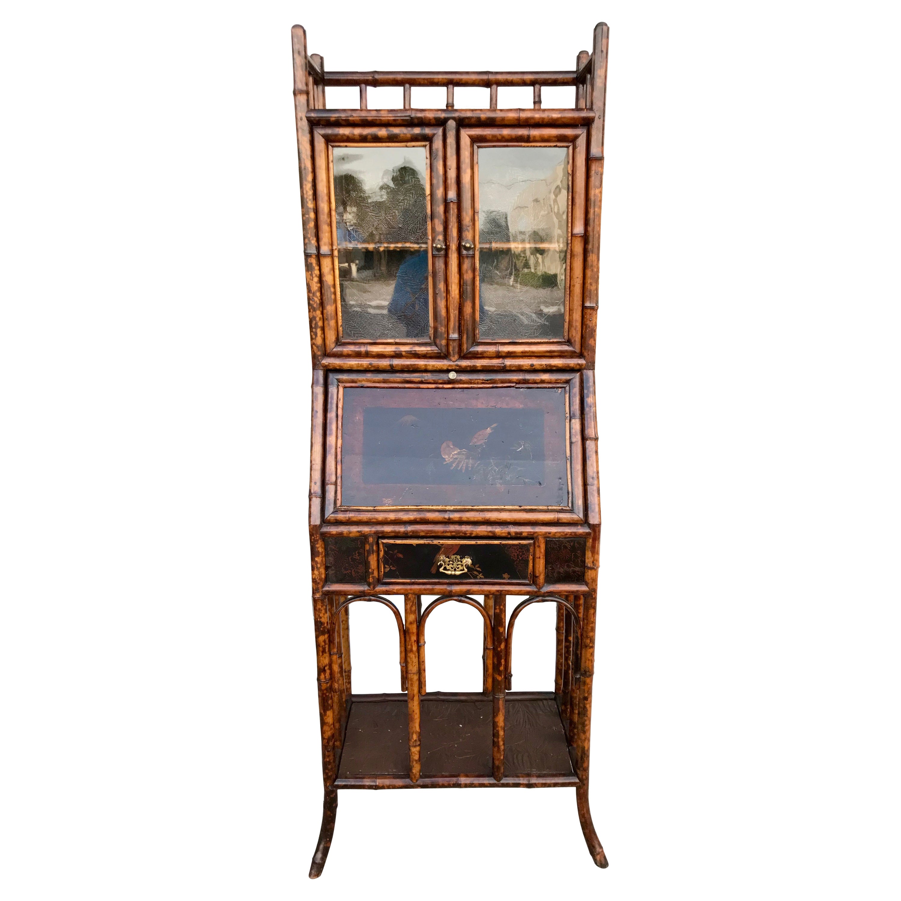 19th Century English "Tortoise Shell" Bamboo Secretary Bookcase For Sale