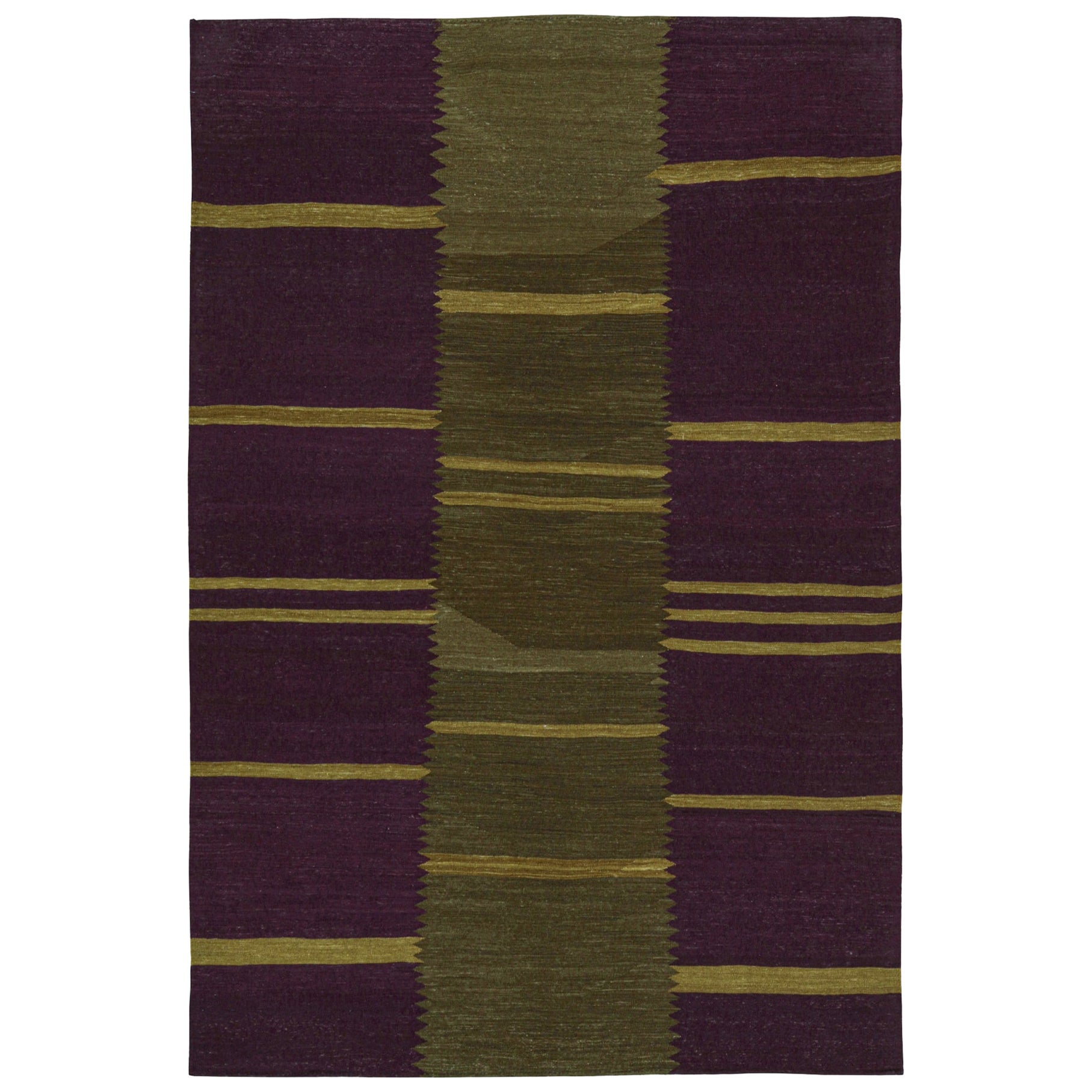 Rug & Kilim’s Contemporary Kilim in Aubergine and Chartreuse Green Stripes For Sale