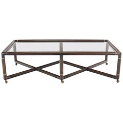 Double X Base Glass Top Rectangular Coffee Table on Wheels 