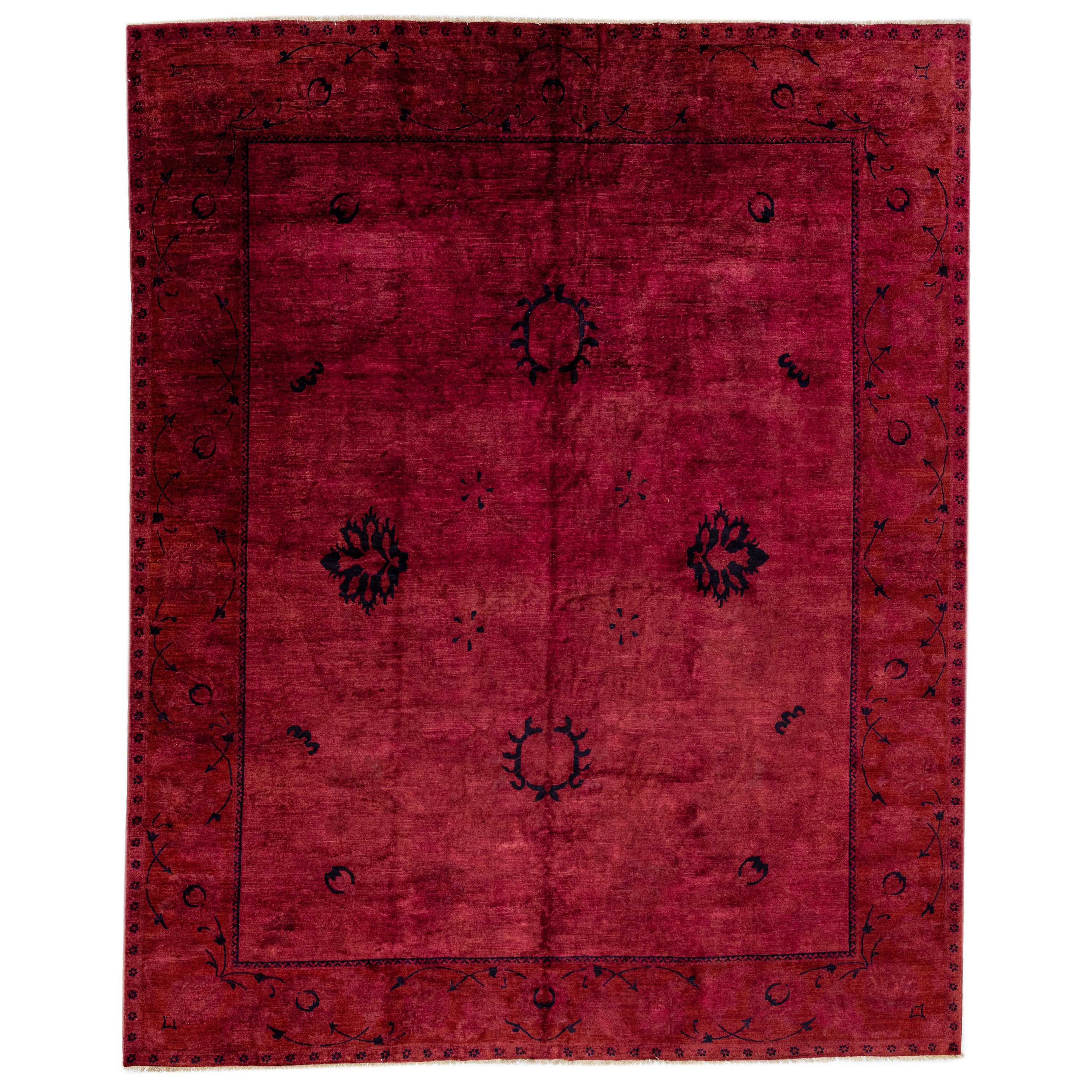 Handmade Transitional Wool Rug with Floral Motif in Red