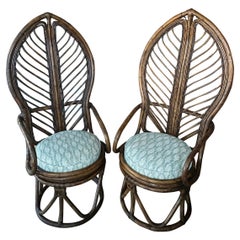 Vintage Palm Beach Pair Rattan Leaf Leaves Swivel Arm Chairs Newly Upholstered