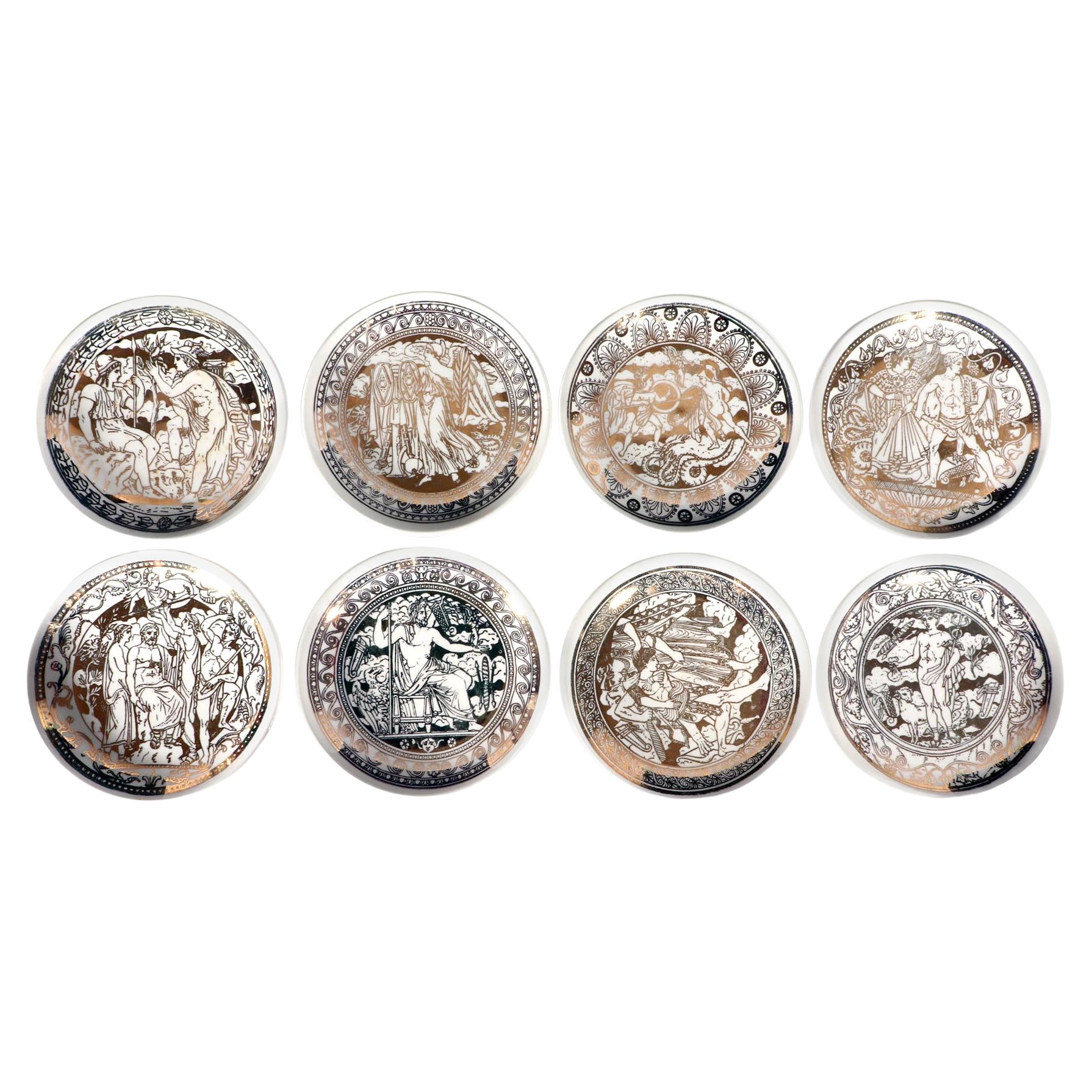 Piero Fornasetti Set di Ceramica Mitologica Neo-Classica Sottobicchieri in Oro Mitologia in vendita