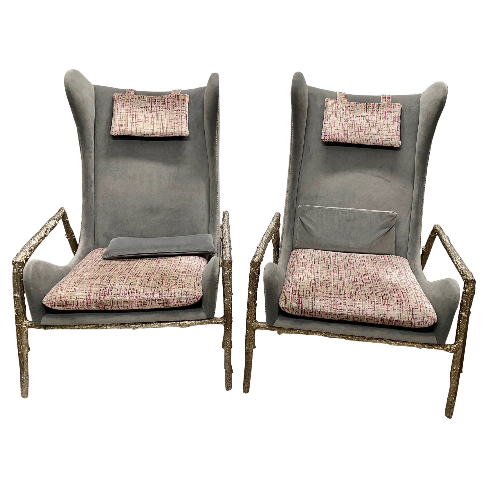 Pair of Modernist Velvet and Bronze Wingback Armchairs with Bronze Structure For Sale