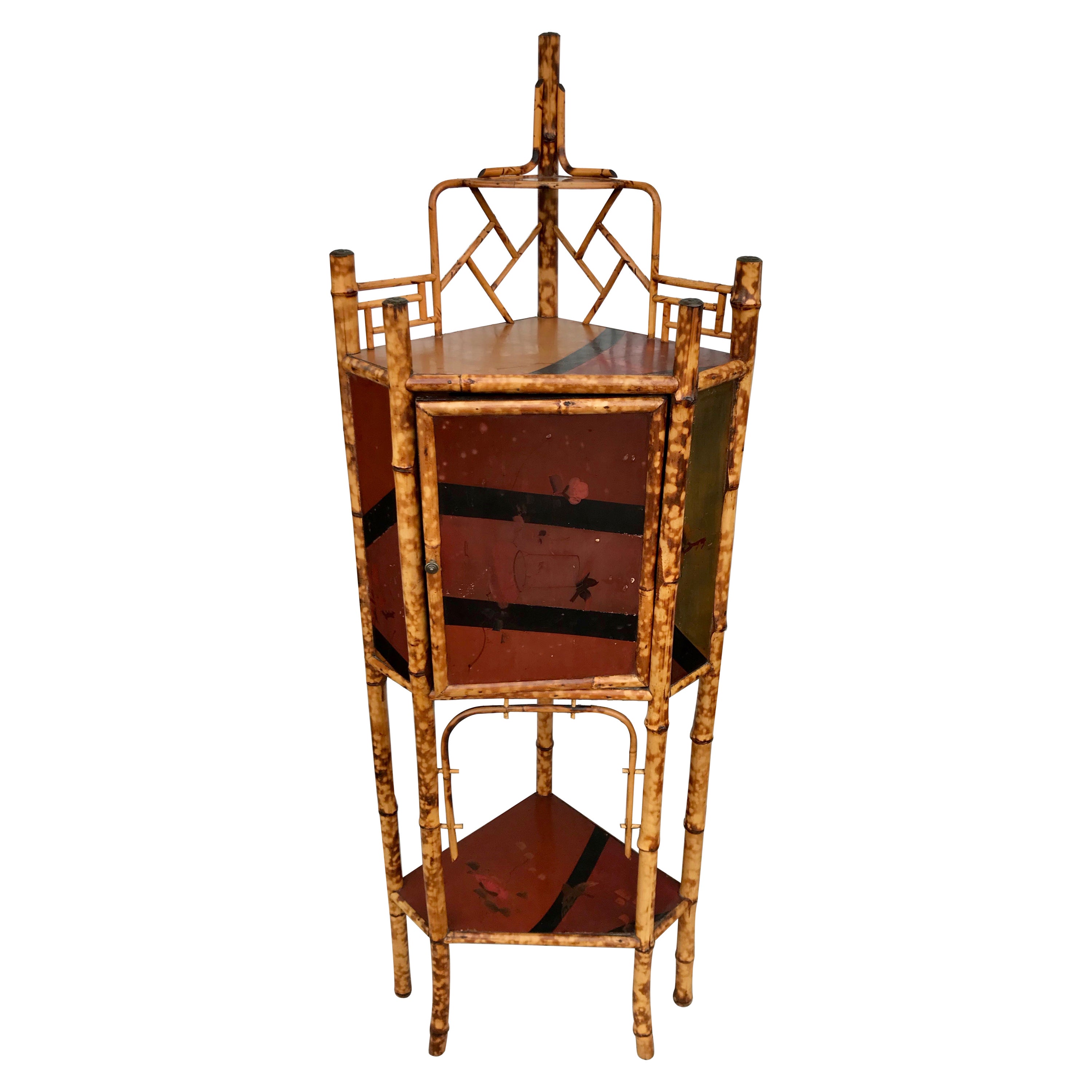 19th Century English " Tortoise Shell " Bamboo Corner Cabinet / Etagere  For Sale