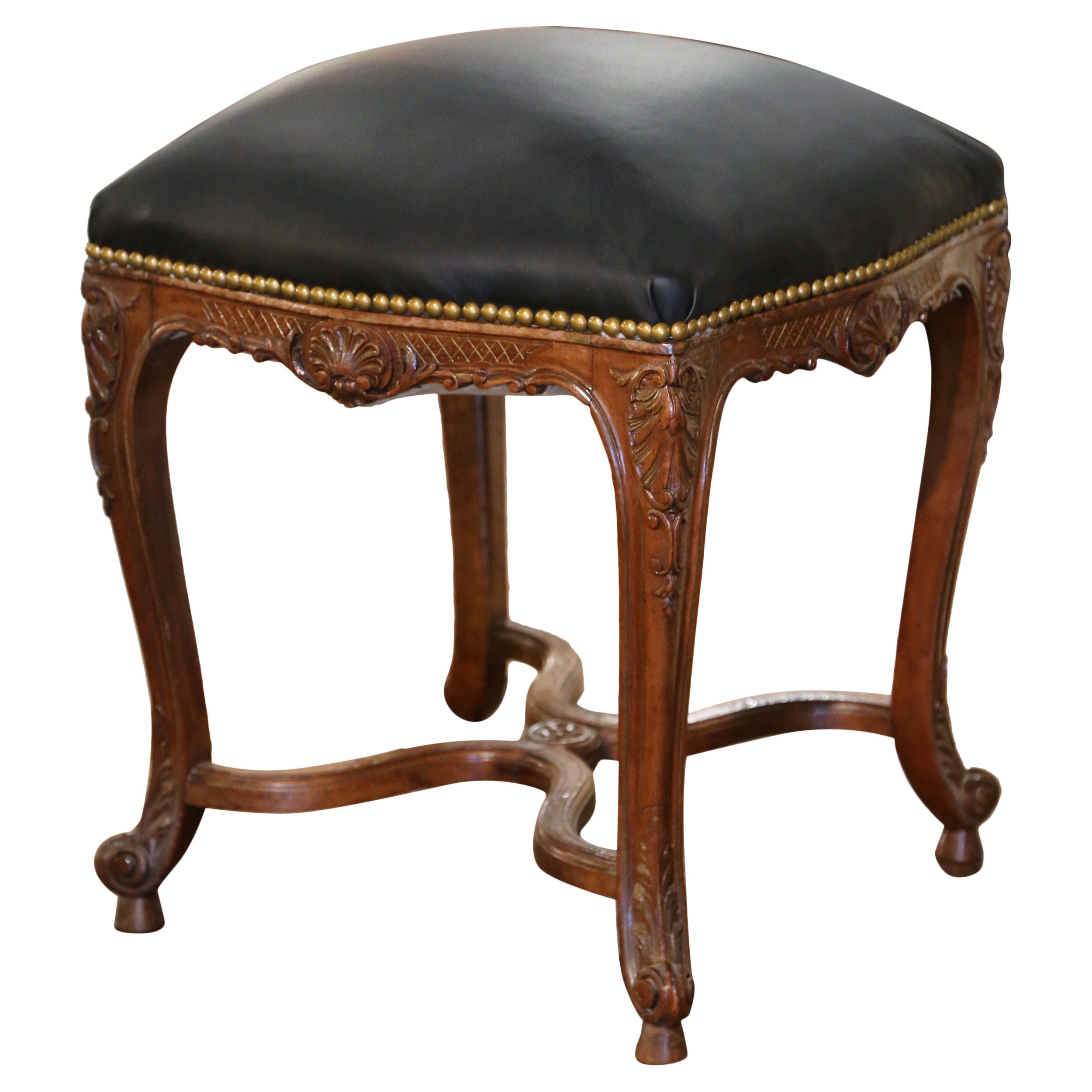 19th Century French Louis XV Carved Walnut Stool with Leather from Provence