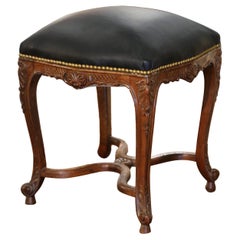 Antique 19th Century French Louis XV Carved Walnut Stool with Leather from Provence
