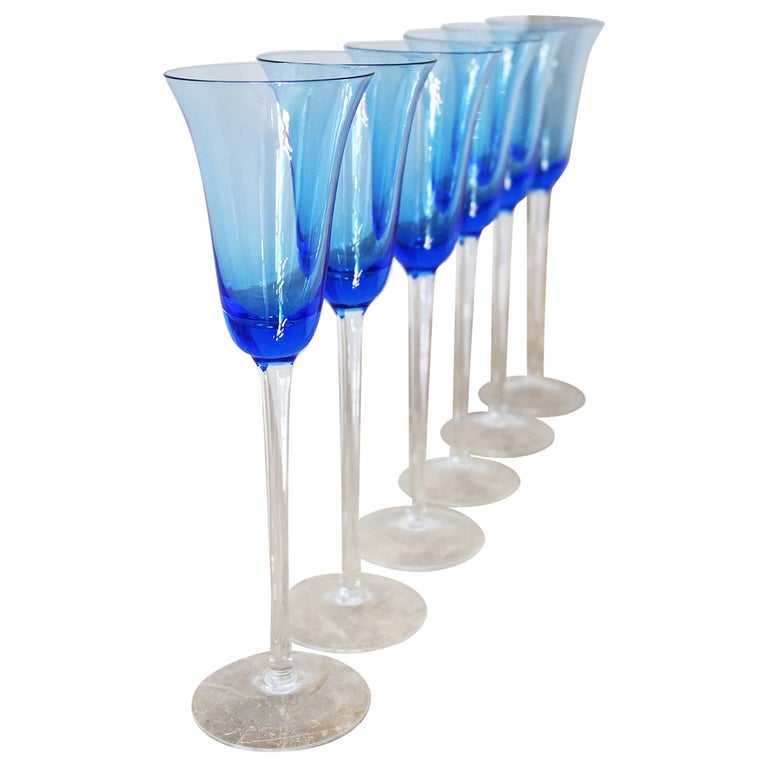 Six Italian HandBlown Long Stemmed '80s Blue Nason Moretti Flutes For