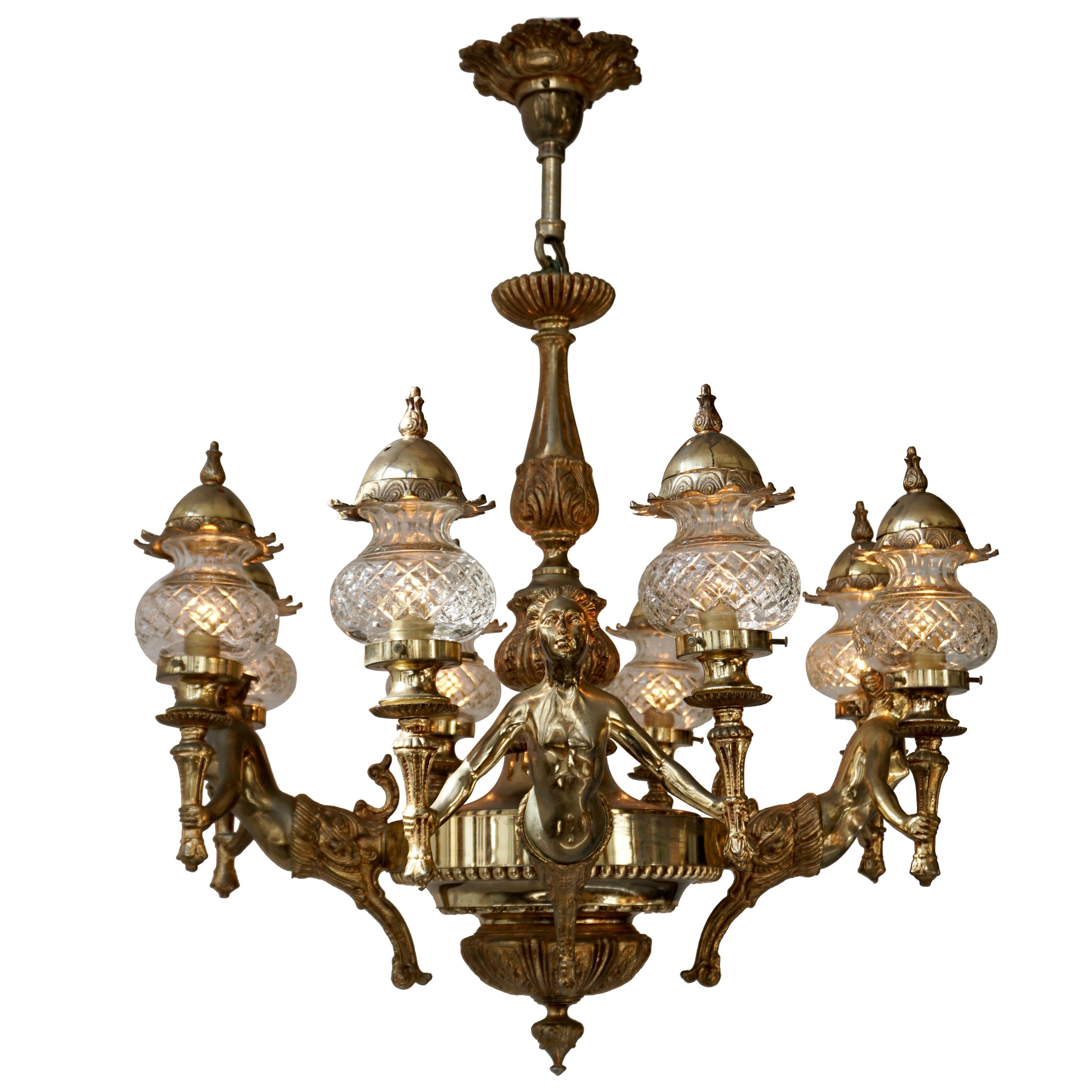 French Large Bronze Chandelier with Angels Holding Double Torches