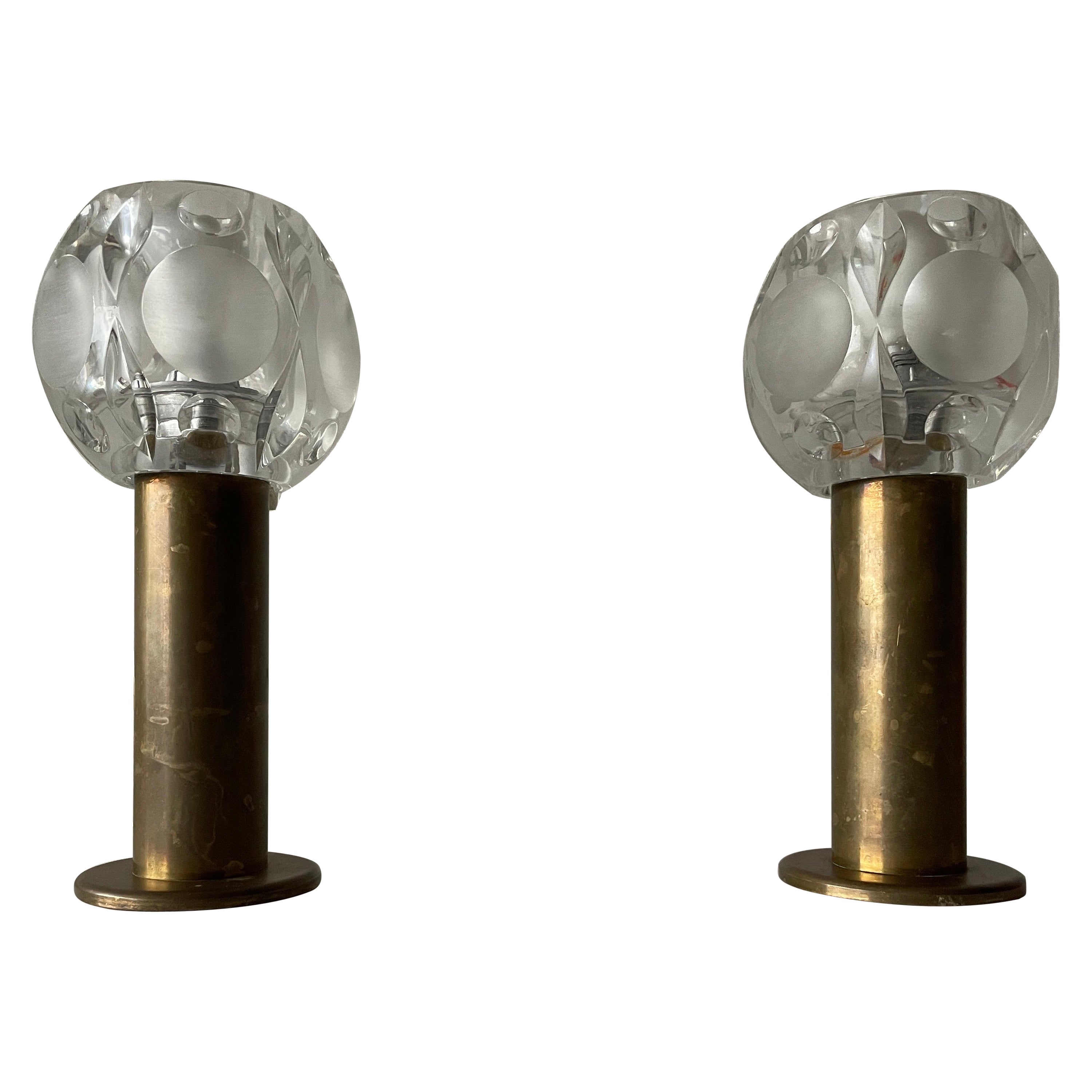 Heavy Glass and Brass Body Pair of Table Lamps by Peill Putzler, 1960s, Germany For Sale