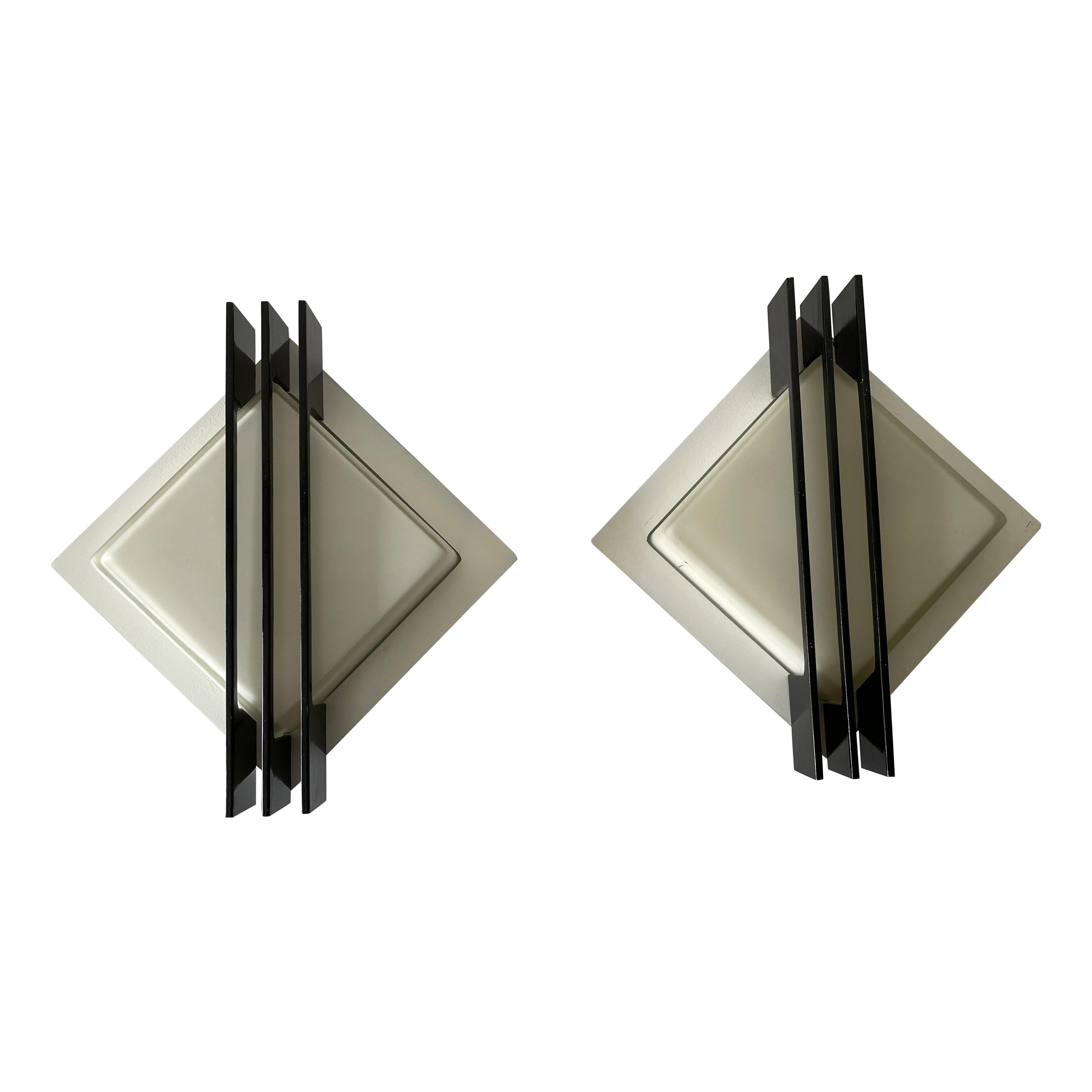 Black Metal and Glass Pair of Flush Mounts or Sconces by BEGA, 1960s, Germany For Sale