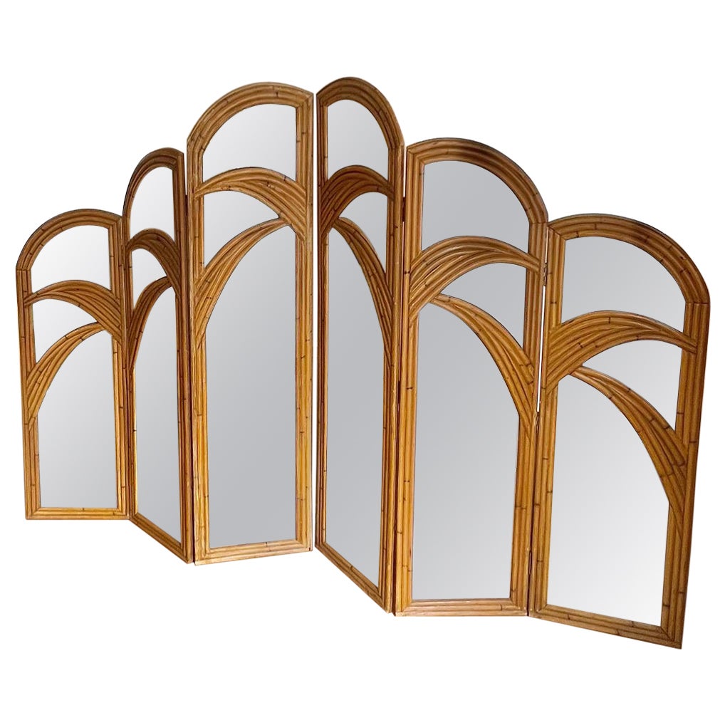 1970 Bamboo Mirrored Tri-Fold 6 Panels Room Divider For Sale