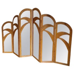1970 Bamboo Mirrored Tri-Fold 6 Panels Room Divider