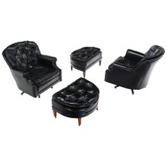 Pair of Shiny Black Leather Swivel Barrel Back Lounge Chairs 
