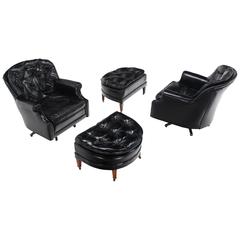 Pair of Shiny Black Leather Swivel Barrel Back Lounge Chairs 11