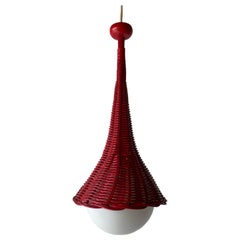 Unusual Red Wicker and Glass Pendant Lamp, 1950s, Germany