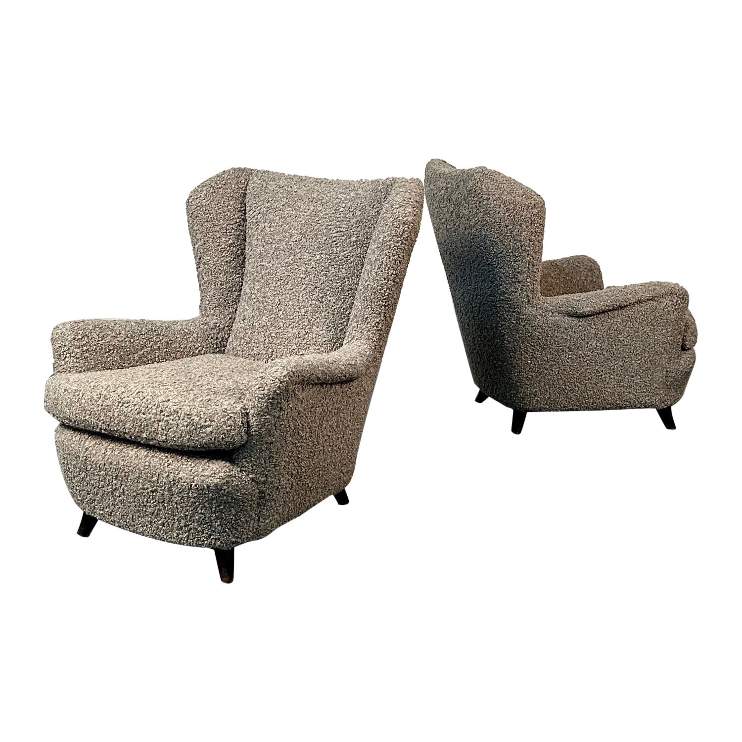 Pair Italian Mid-Century Modern Wingback Lounge Chairs, Zanuso Style Grey Boucle For Sale