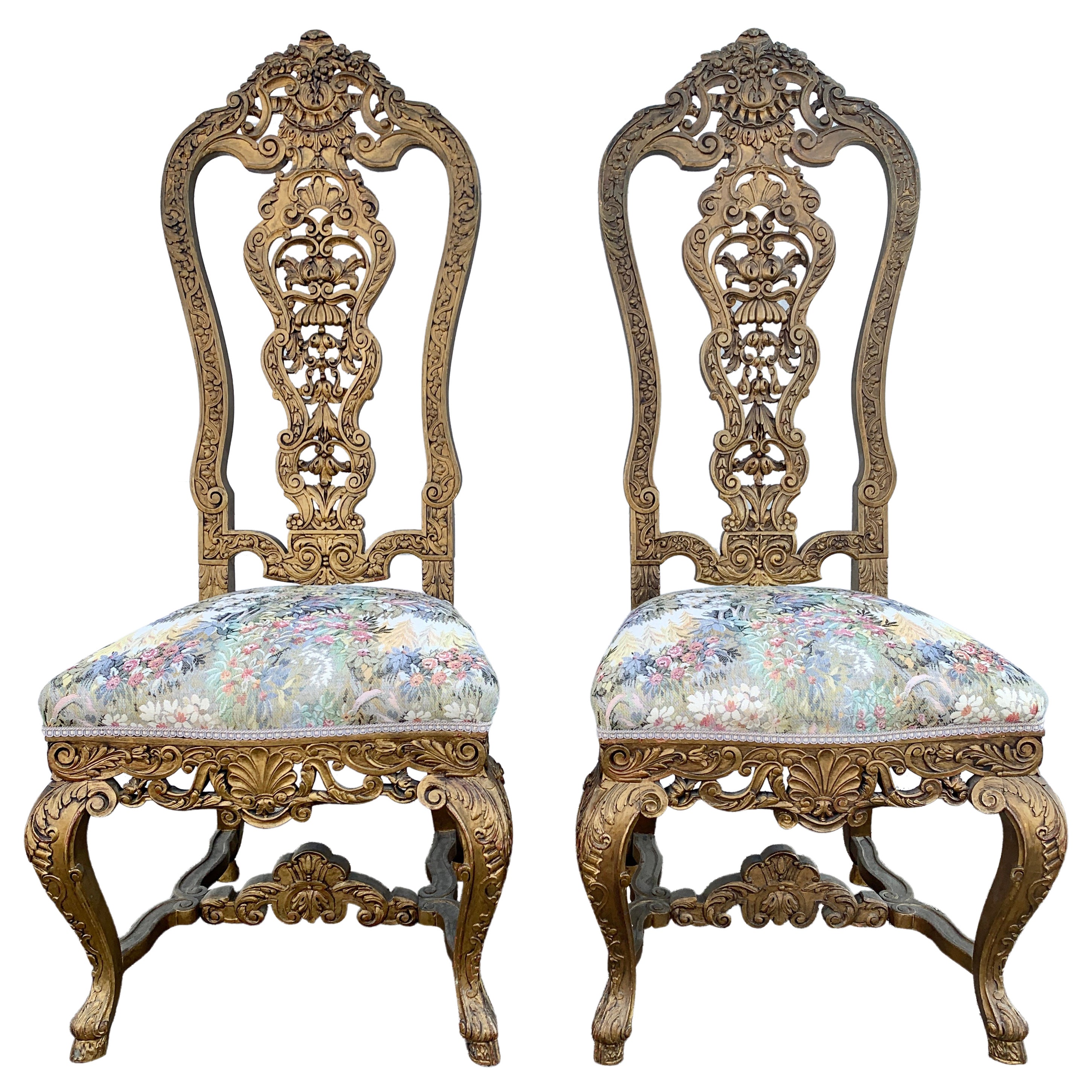 19th Century Antique Venetian Carved Gold Giltwood Throne Chairs, Pair