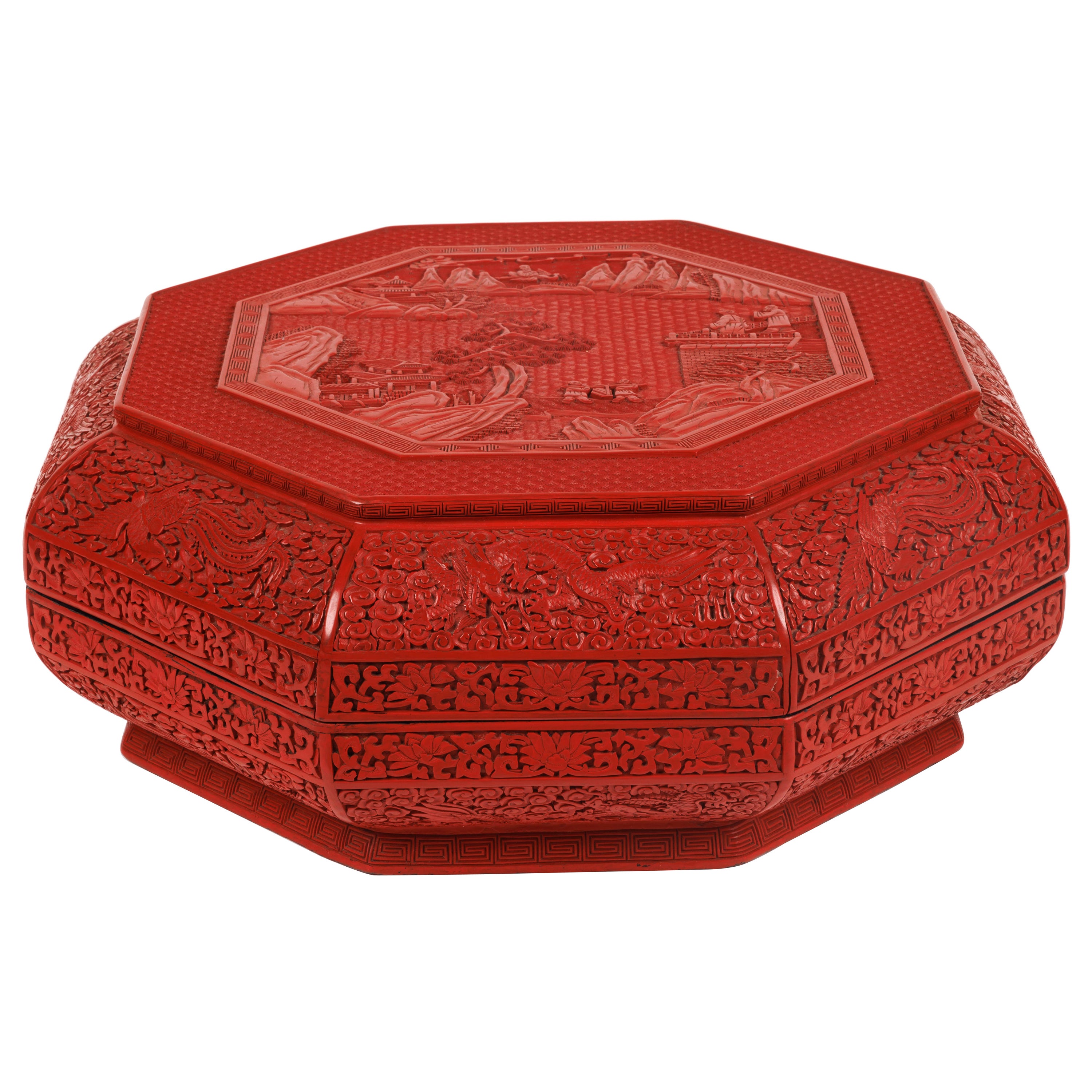 Rare Palace Size Chinese Carved Cinnabar Lacquer Figural Box and Cover, Qing For Sale