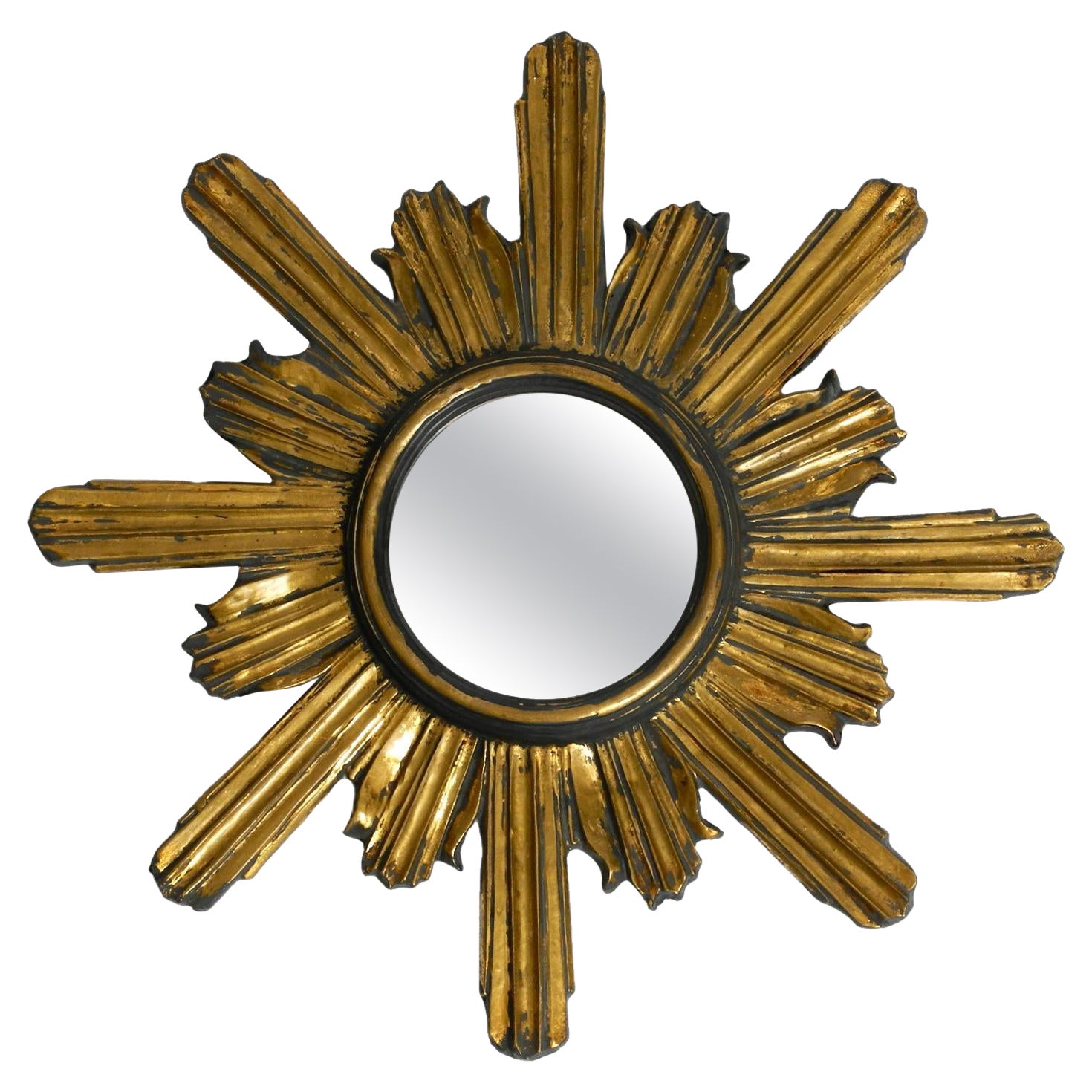 Large 50s Sunburst Wall Mirror Made of Wood and Resin, Gilded and in Grey Color For Sale