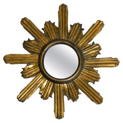 Vintage Large 50s Sunburst Wall Mirror Made of Wood and Resin, Gilded and in Grey Color