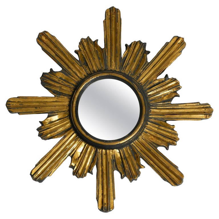 Large 50s Sunburst Wall Mirror Made of Wood and Resin, Gilded and in