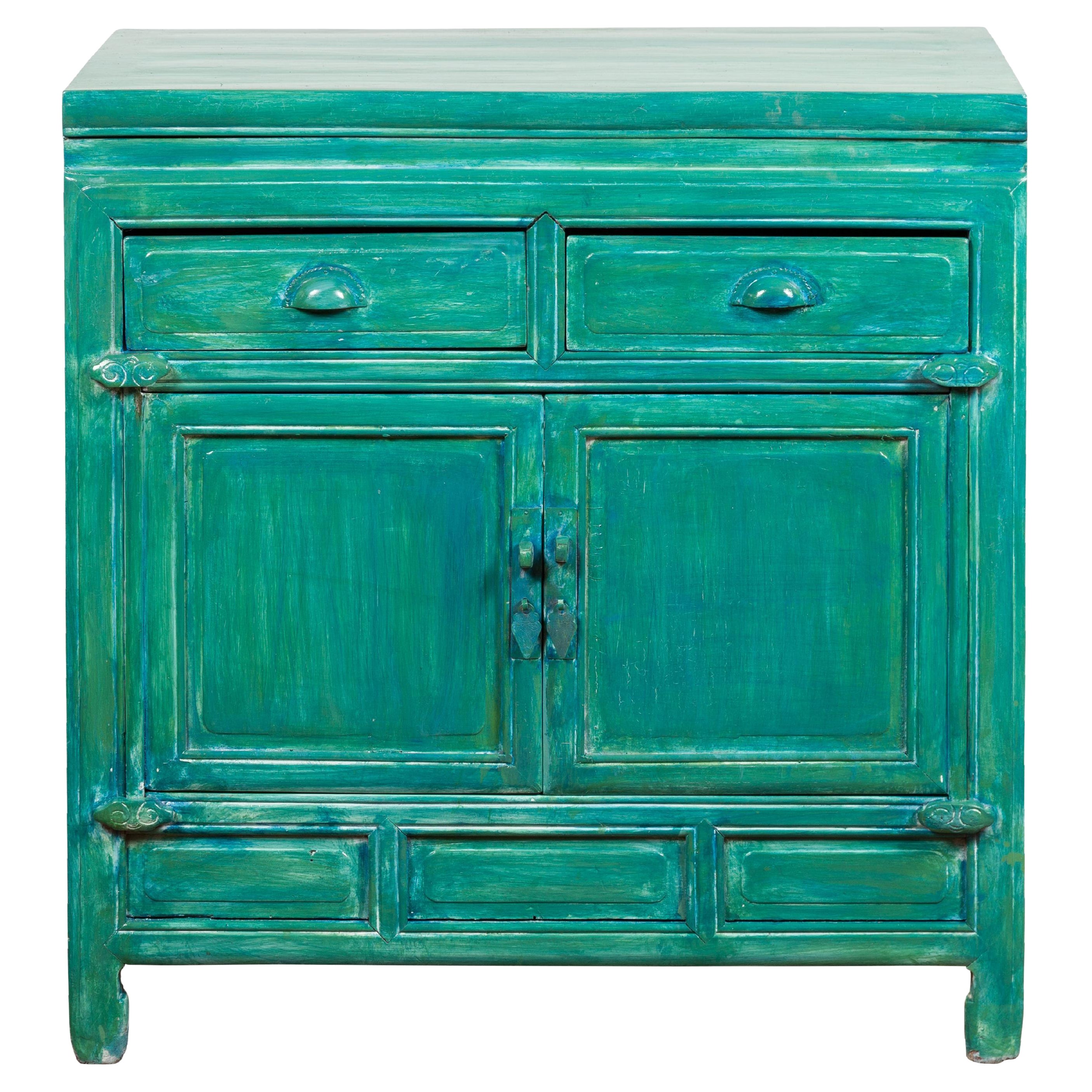 Armario auxiliar con cajones y puertas de la dinastía Qing Aqua Teal