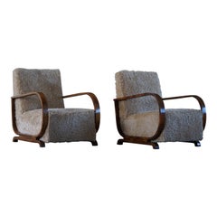 Pair of Danish Art Deco Lounge Chairs, Reupholstered, Lambswool & Walnut, 1930s