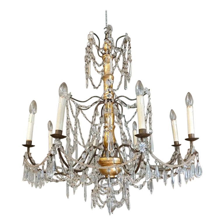 Late 19th Century Italian 8-Arm Gilt Chandelier with Glass Swags & Lustres For Sale