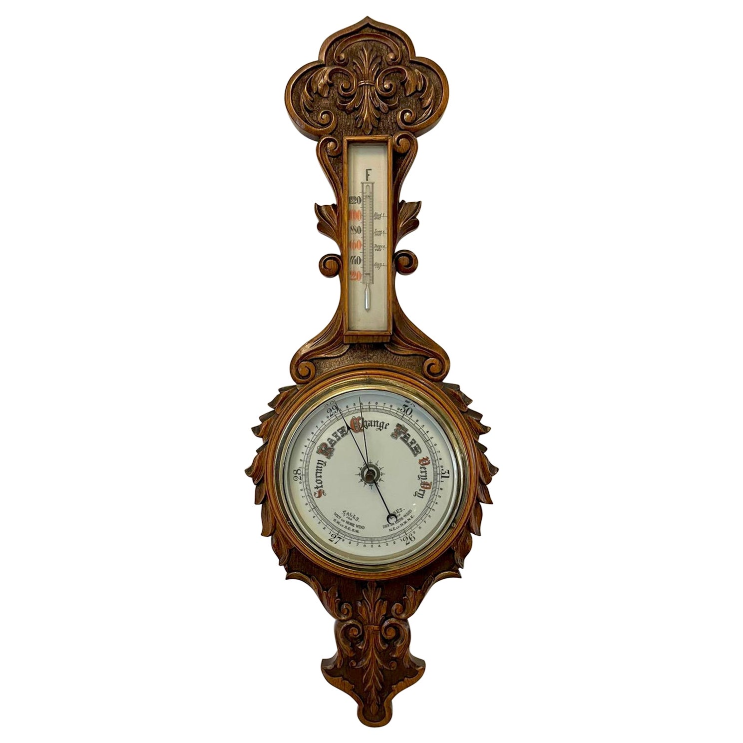 Antique Victorian Quality Carved Oak Banjo Barometer