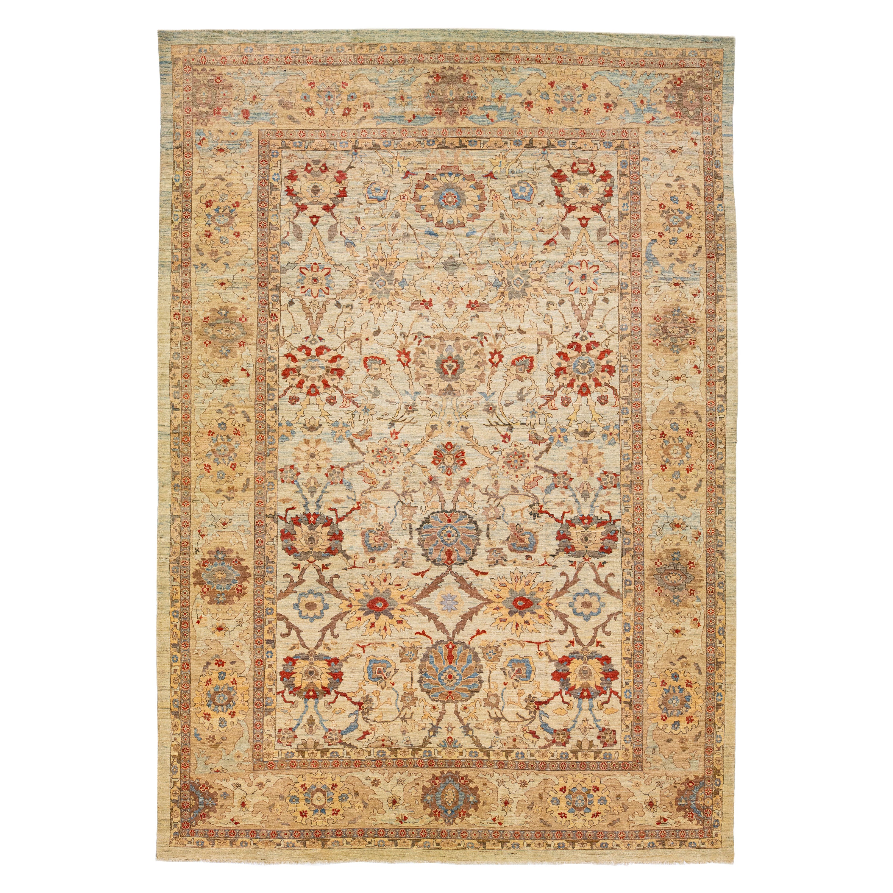 Oversize Modern Sultanabad Wool Rug Handmade with Floral Motif in Light Blue