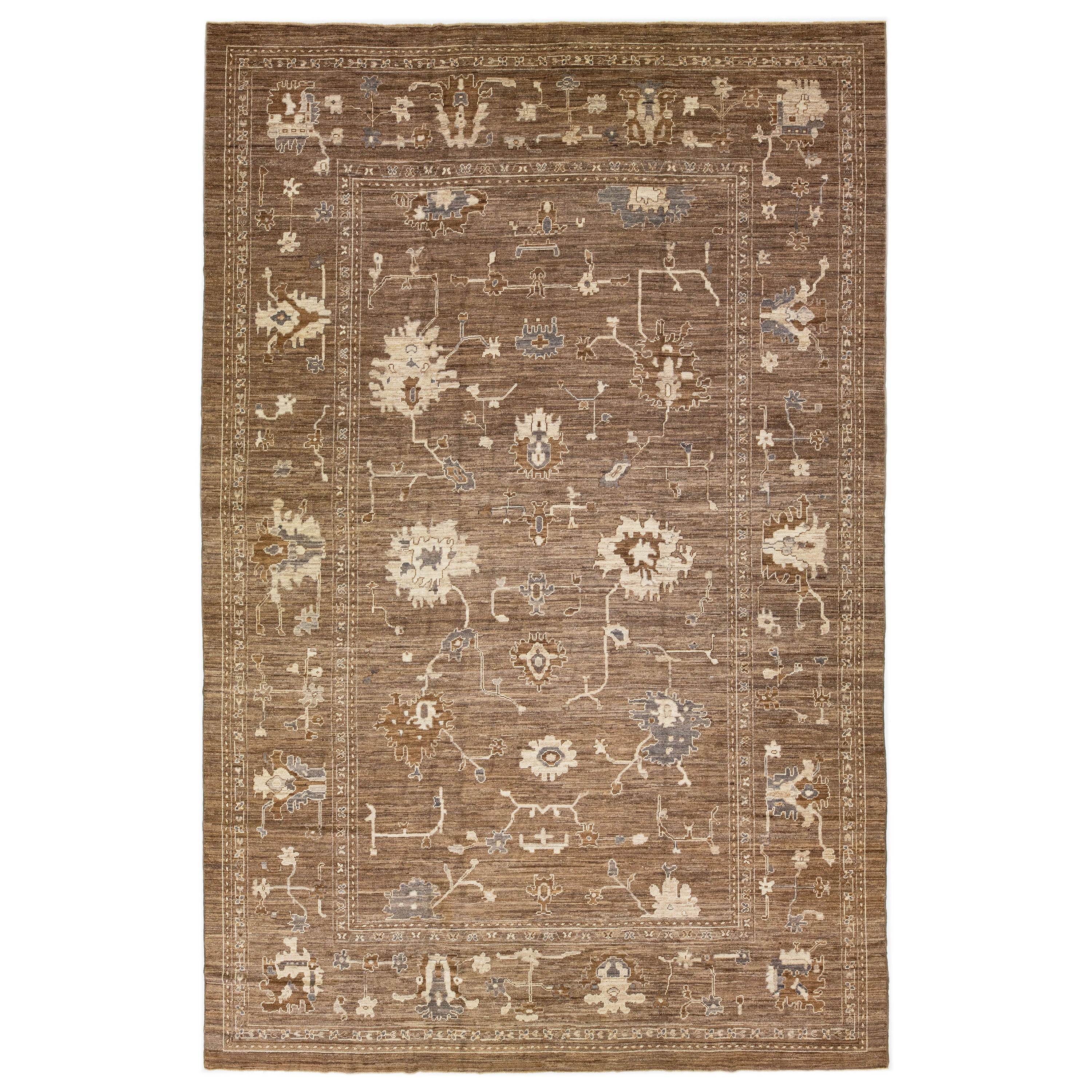 Ovesize Brown Oushak Handmade Wool Rug with Floral Pattern