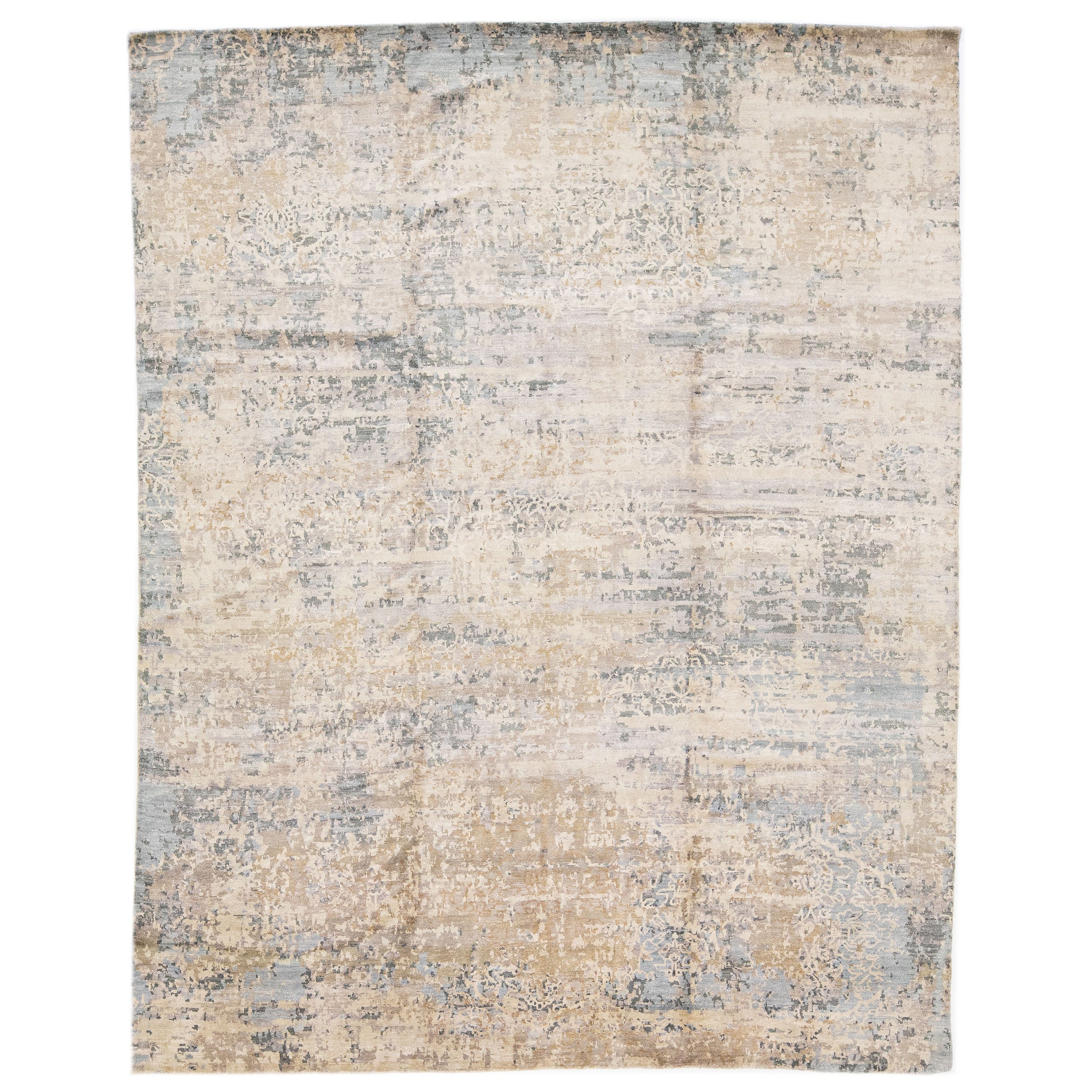 Modern Handmade Abstract Wool and Silk Rug in Gray and Beige