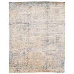 Modern Handmade Abstract Wool and Silk Rug in Gray and Beige