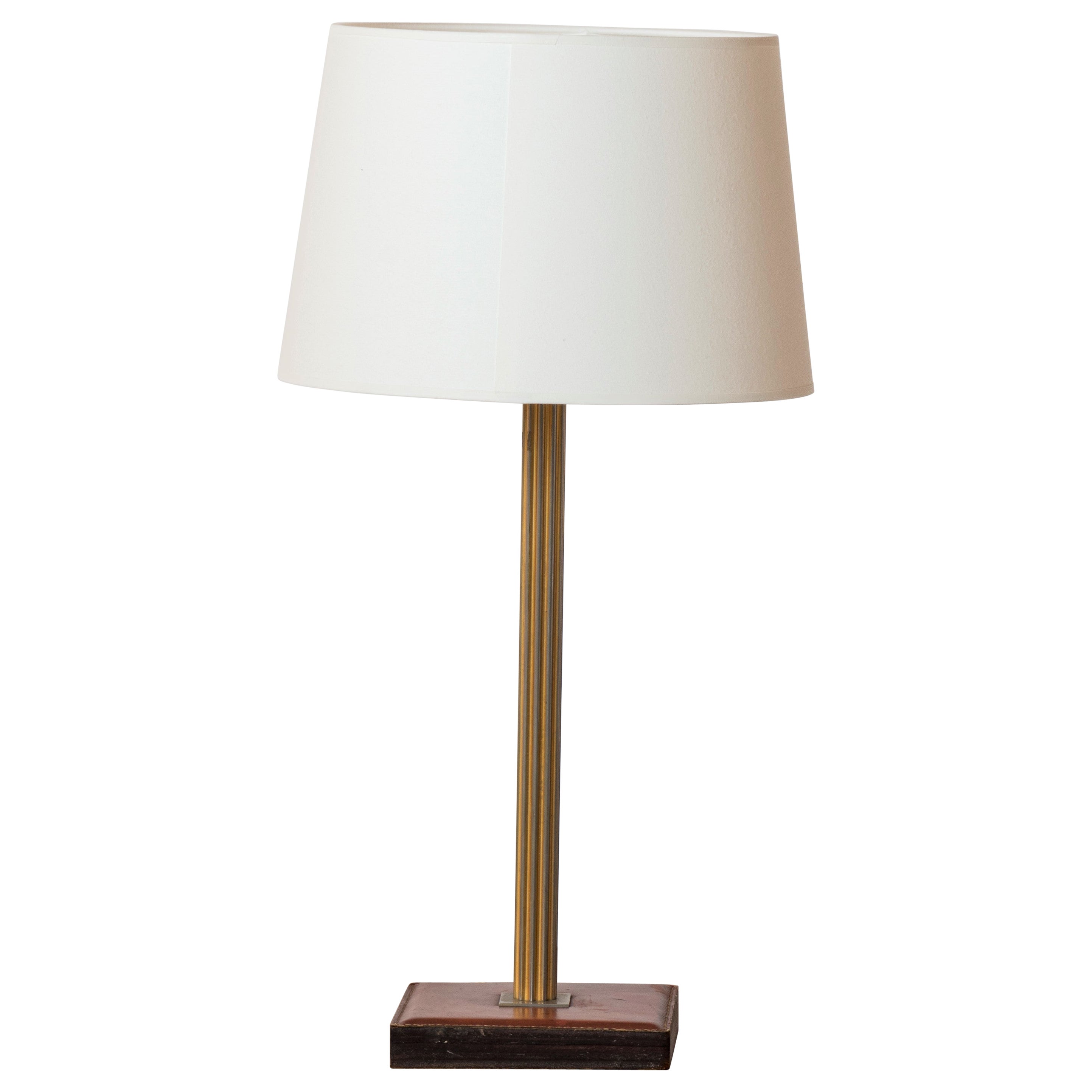 Cognac Leather Base and Brass Table Lamp by Delvaux, Belgium 1960s