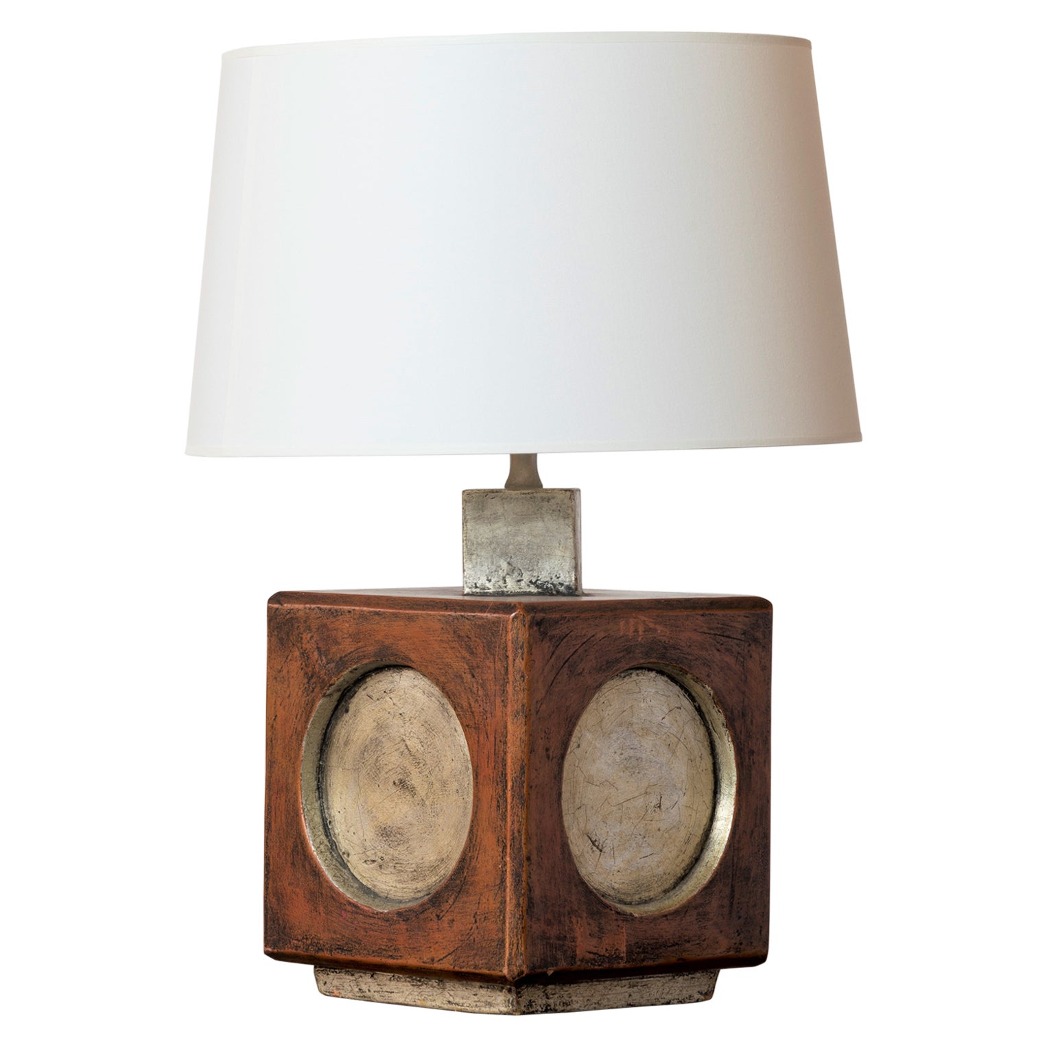 Square Brutalist Terracotta Table Lamp W. Ochre & Silver Accents, Italy, 1970s For Sale