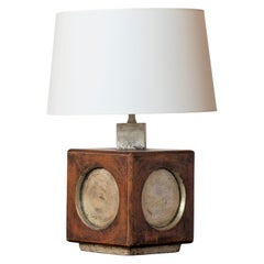 Vintage Square Brutalist Terracotta Table Lamp W. Ochre & Silver Accents, Italy, 1970s