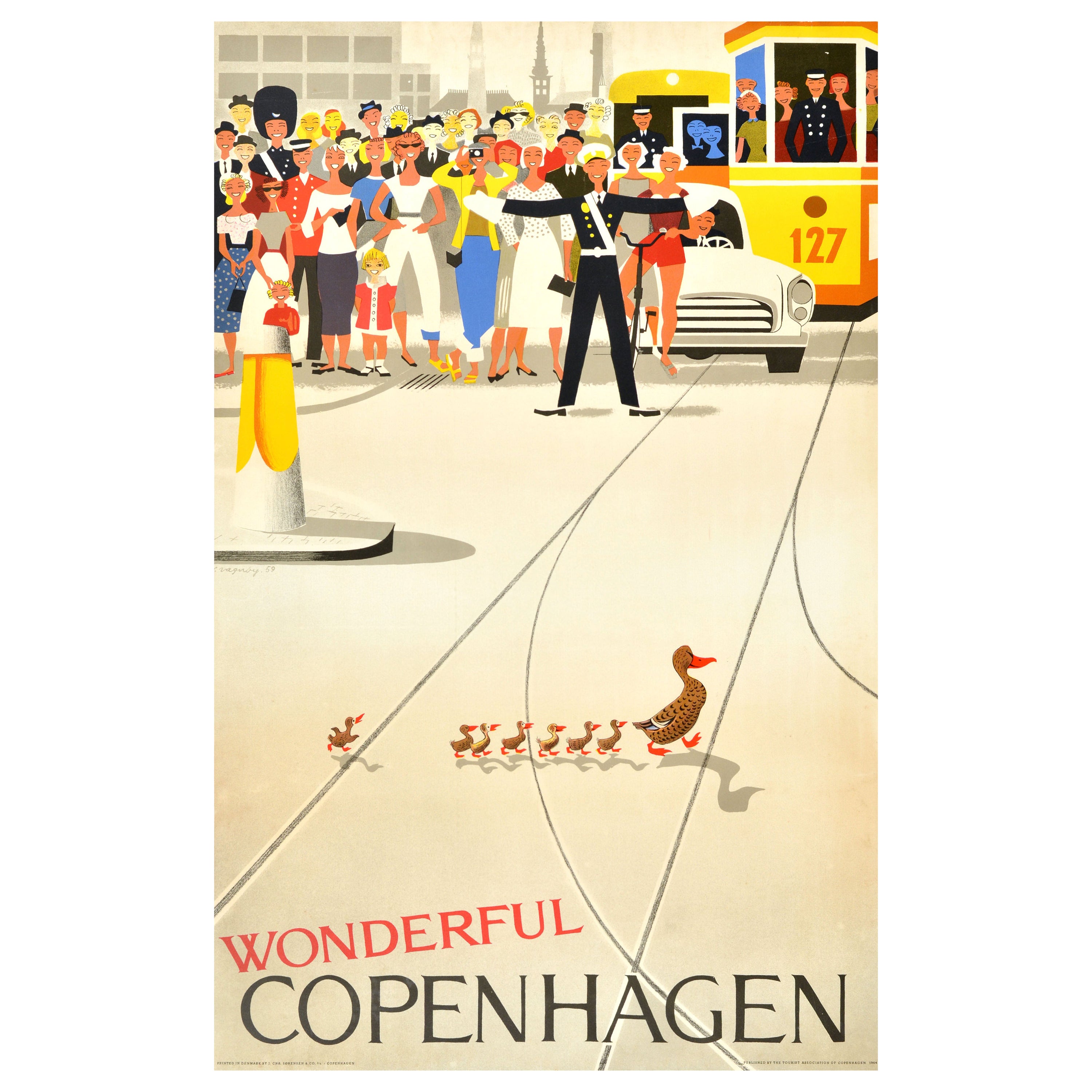 Affiche de voyage vintage originale, Merveilleux canards de Copenhague, Danemark, Vagnby Art