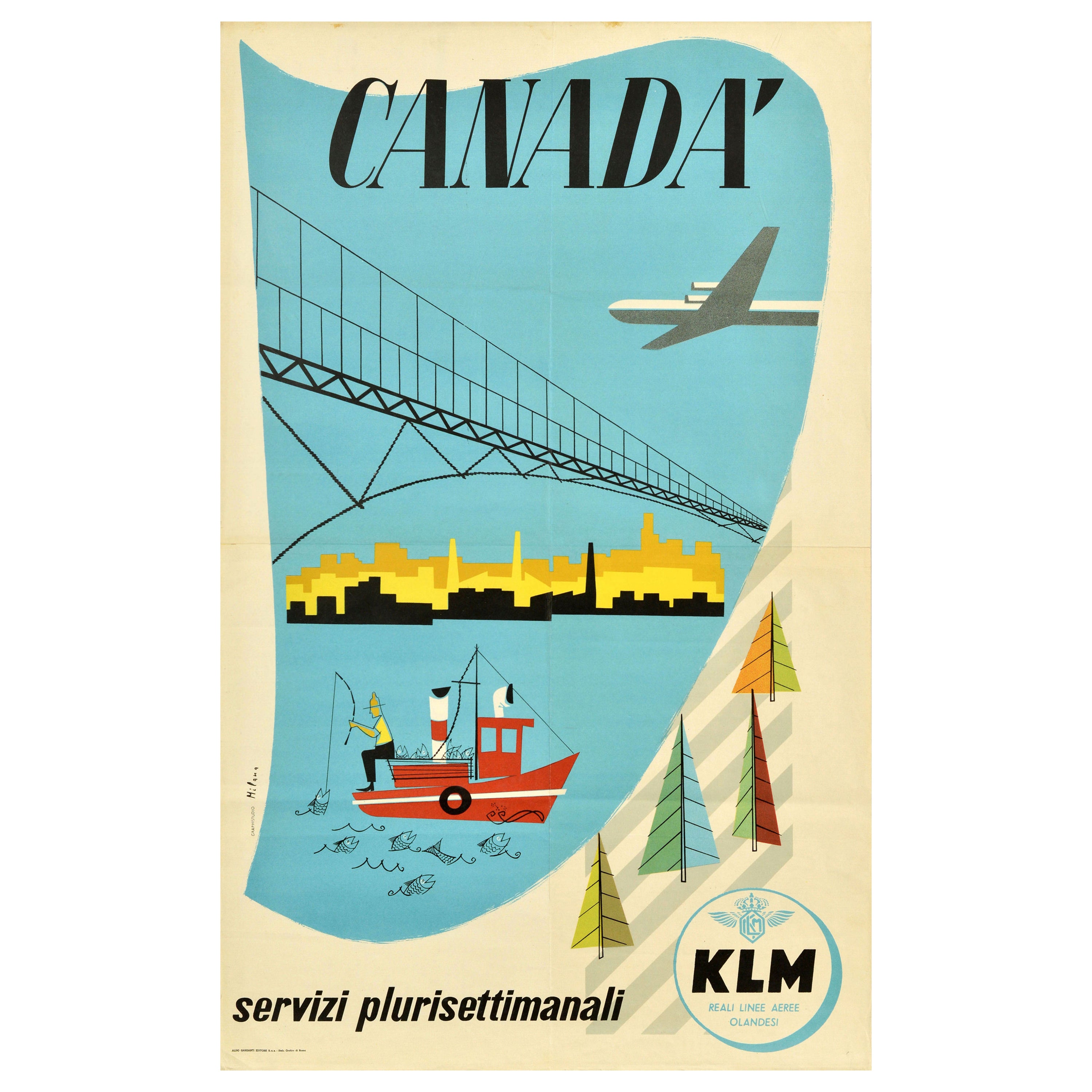 Original Vintage Travel Poster KLM Royal Dutch Airlines Canada Fisherman Design For Sale