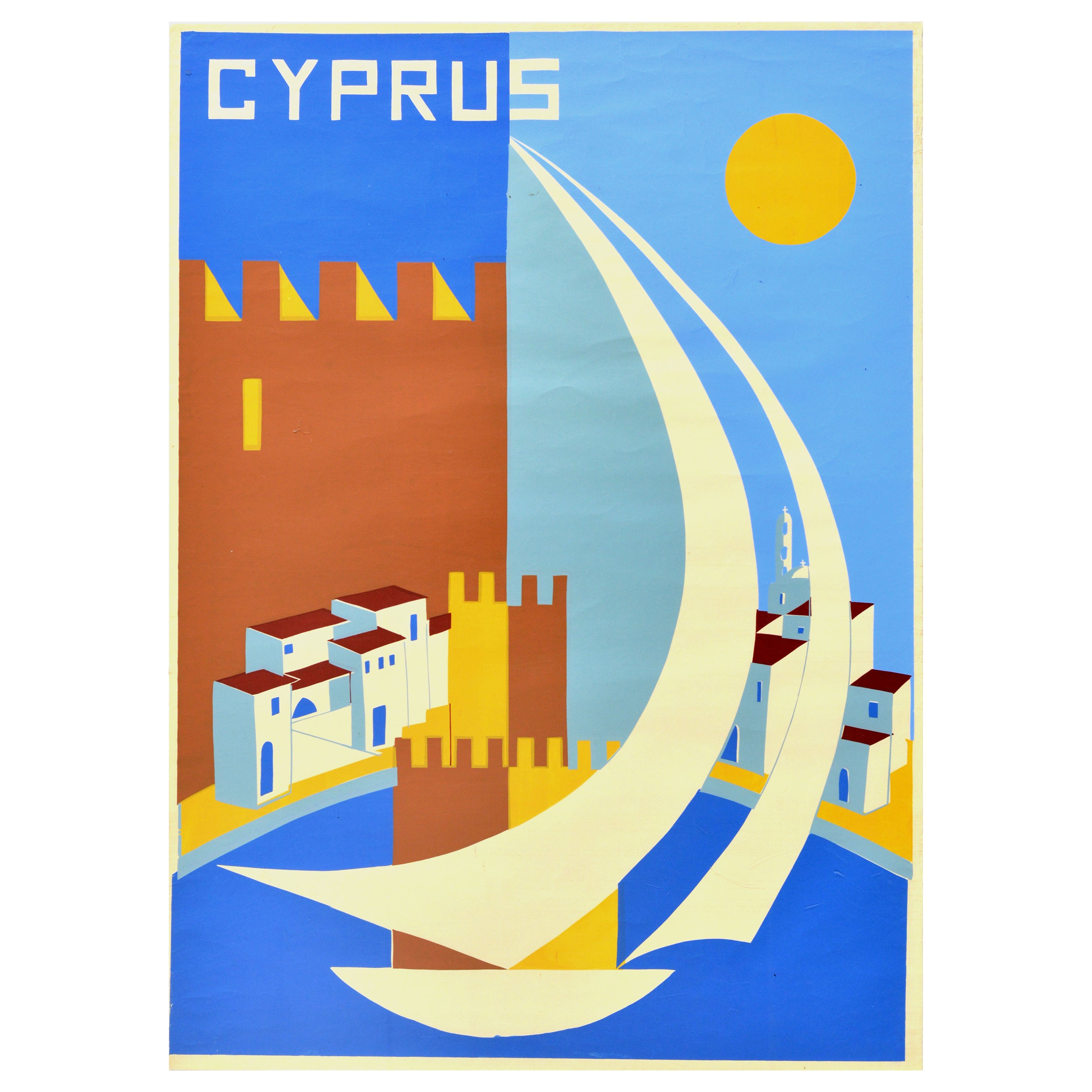 Affiche de voyage vintage d'origine en soie représentant des plages d'été de Cyprus et des sports nautiques