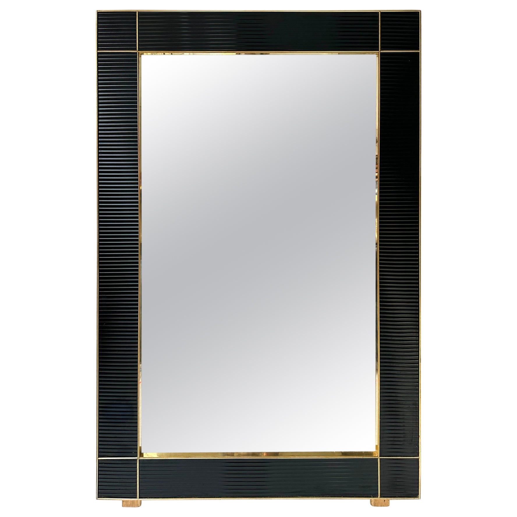Large Contemporary Brass and Black Fluted Murano Glass  Mirror, Italy